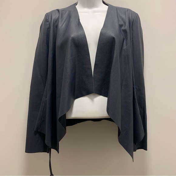 Zara Navy Blue Faux Leather / Suede Waterfall OPen Blazer Jacket - Picture 3 of 11